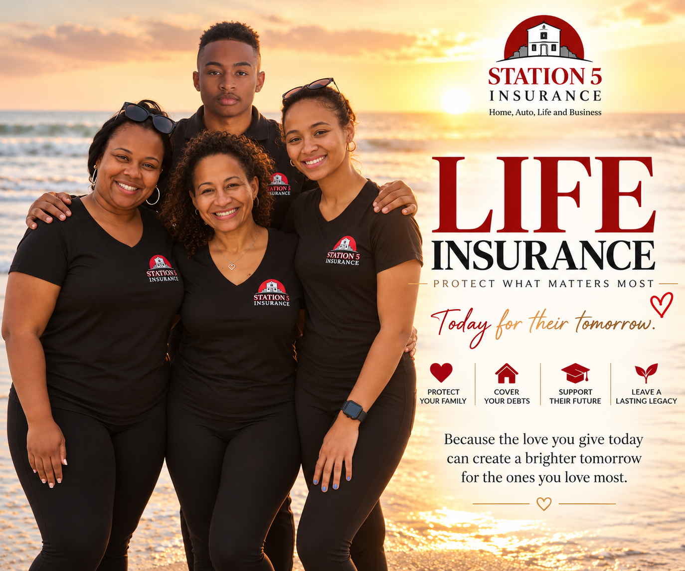 Image Description (Alt Text for EZLynx):

Station 5 Insurance life insurance image featuring a mother and her two daughters together at sunset, wearing branded Station 5 Insurance shirts. The image highlights family love, financial protection, and leaving a lasting legacy for the next generation.