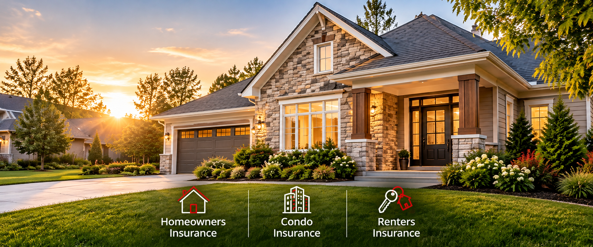 Modern suburban home at sunset with a landscaped lawn and icons representing homeowners, condo, and renters insurance offered by Station 5 Insurance in Alabama, Georgia, and Texas.